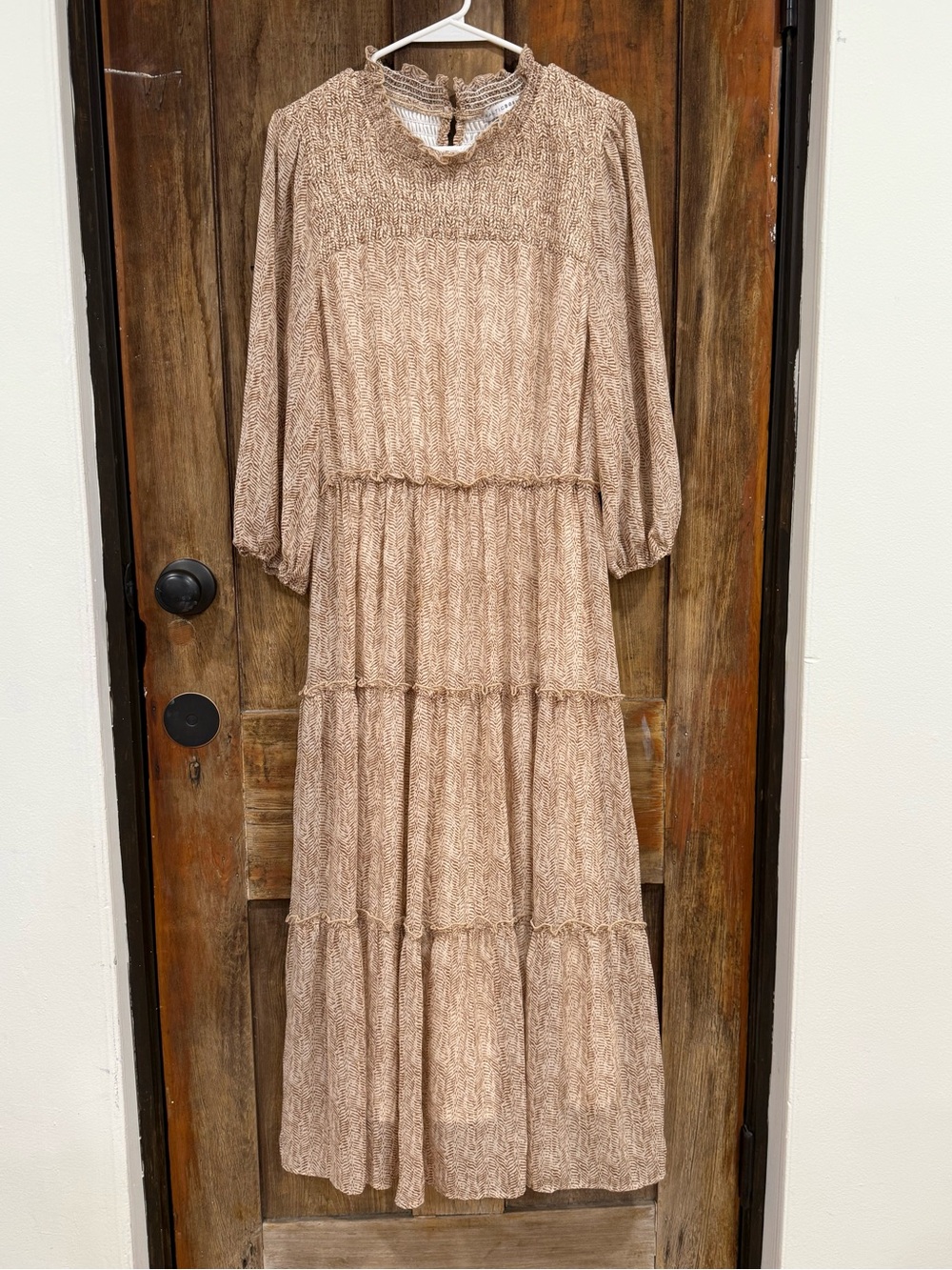 Baltic Born Beige Tiered Maxi Dress with Ruffle Neck